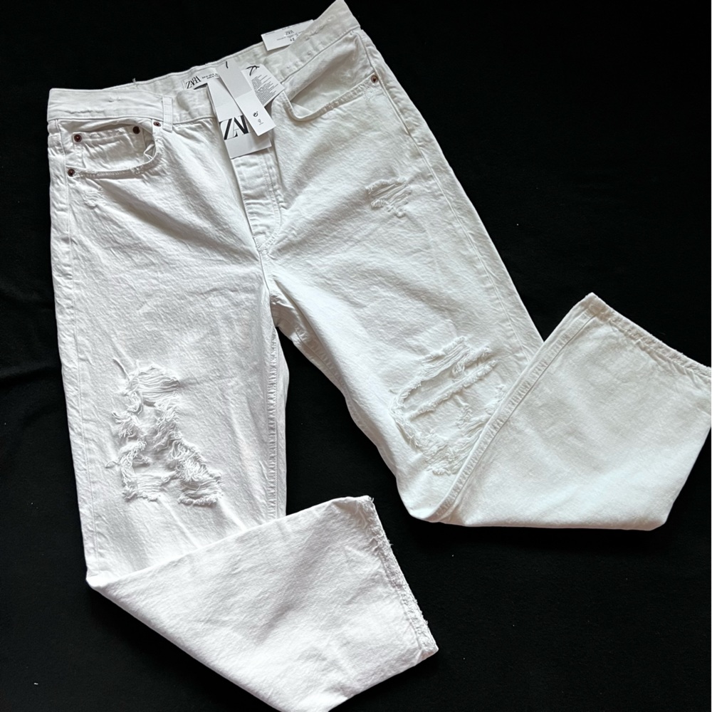 NWT Zara White Ripped Jeans The Bliss Straight Size 10